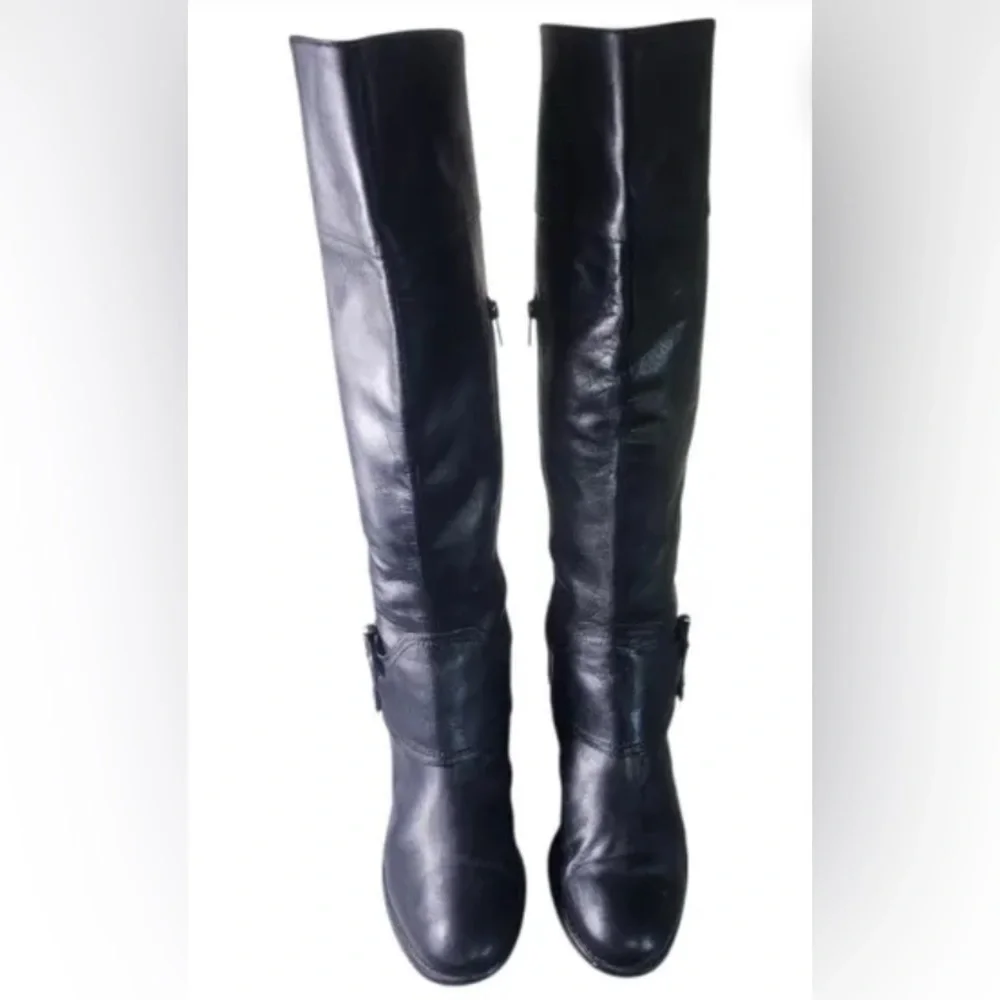 Crown by Born Black Upper Leather Over the Knee Boots with Buckle Details Size 8